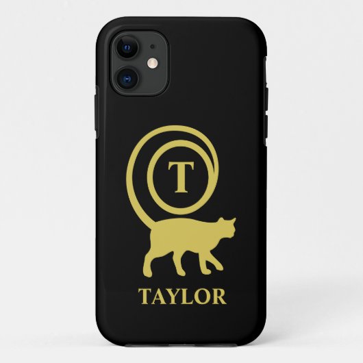 Monogram Name Initial Kitty Cat Lover Black Gold Case-Mate iPhone Hülle (Rückseite)