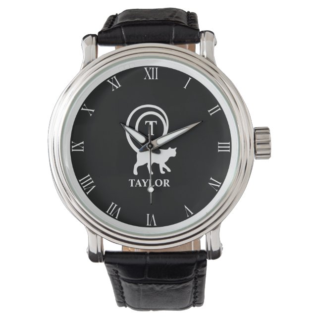 Monogram Name Initial Kitty Cat Lover Schwarz-weiß Armbanduhr (Vorderseite)