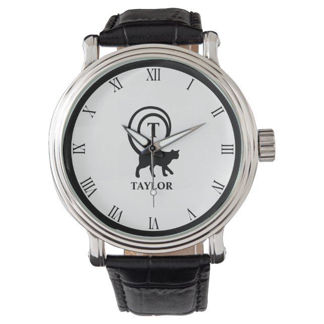 Monogram Name Initial Kitty Cat Lover White Black Armbanduhr (Vorderseite)