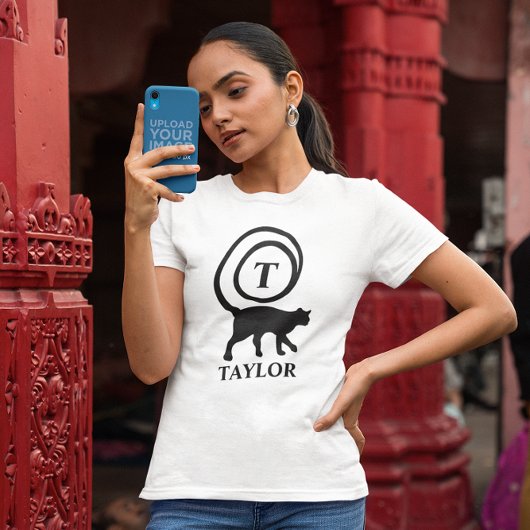 Monogram Name Initial Kitty Cat Lover White Black T-Shirt