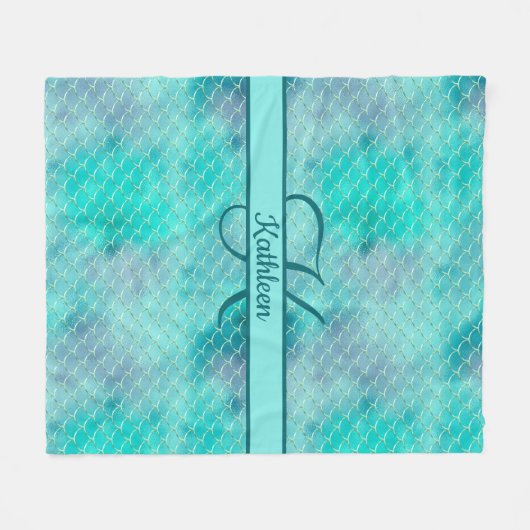 Monogram Name Initial Mermaid Blue Lila Green Fleecedecke (Vorderseite (Horizontal))