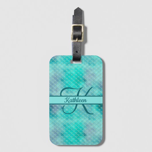 Monogram Name Initial Mermaid Blue Lila Green Gepäckanhänger (Vorderseite Vertikal)