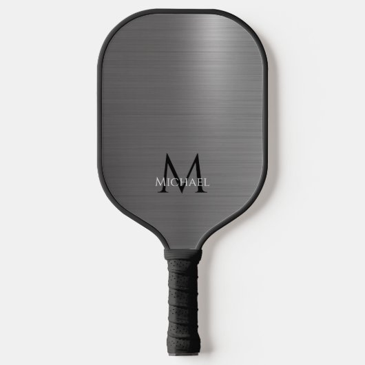 Monogram Name Initial Metallic Black Gray Elegant Pickleball Schläger (Vorderseite)