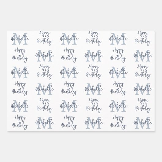 Monogram Name Initial Pattern Happy Birthday Blue Geschenkpapier Set (Vorderseite 3)