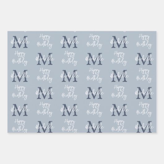 Monogram Name Initial Pattern Happy Birthday Blue Geschenkpapier Set (Vorderseite 2)