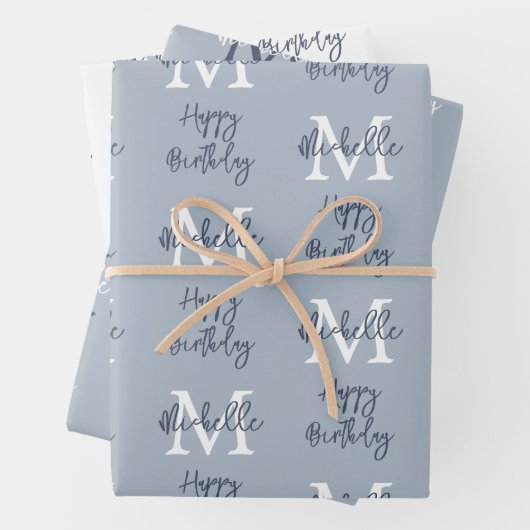 Monogram Name Initial Pattern Happy Birthday Blue Geschenkpapier Set (Beispiel)