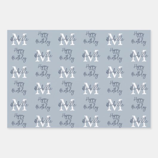 Monogram Name Initial Pattern Happy Birthday Blue Geschenkpapier Set (Vorderseite)