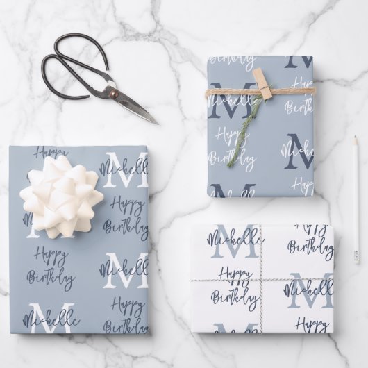 Monogram Name Initial Pattern Happy Birthday Blue Geschenkpapier Set (Vorderseite)