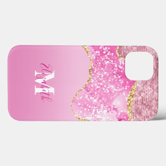 Monogram Name Initial Pink Gold Glam Bling Glitzer Case-Mate iPhone Hülle (Rückseite (Horizontal))