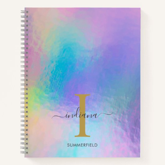 Monogram Name Initial Rainbow Holographic Gold Notizblock (Vorderseite)