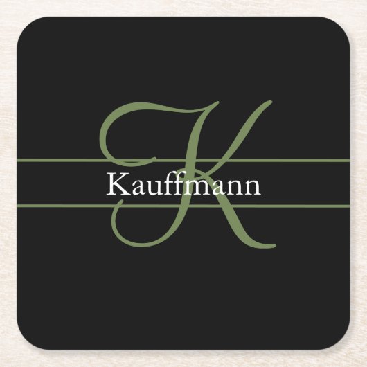 Monogram Name Initial Script Black Green Rechteckiger Pappuntersetzer (Vorderseite)