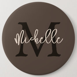 Monogram Name Initial Script Cream Brown Button