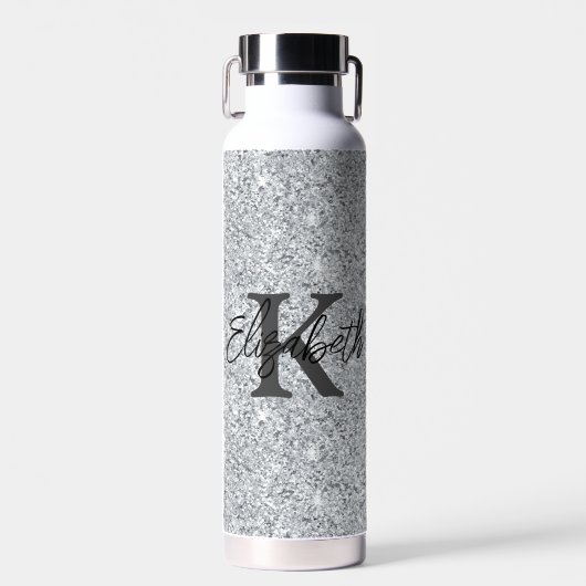 Monogram Name Initial Silver Glitzer Girly Trendy Trinkflasche (Vorne)