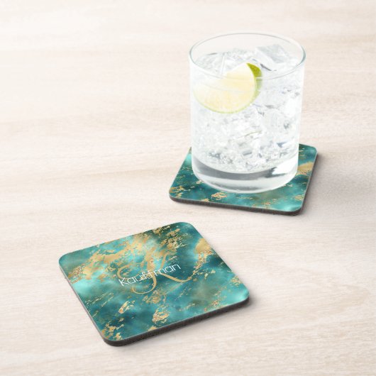 Monogram Name Initial Turquoise Green Gold Marmor Getränkeuntersetzer (Rechte Seite)