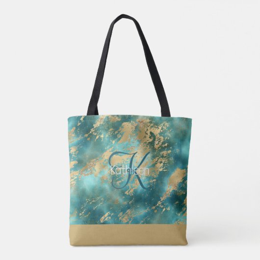 Monogram Name Initial Turquoise Green Gold Marmor Tasche (Rückseite)