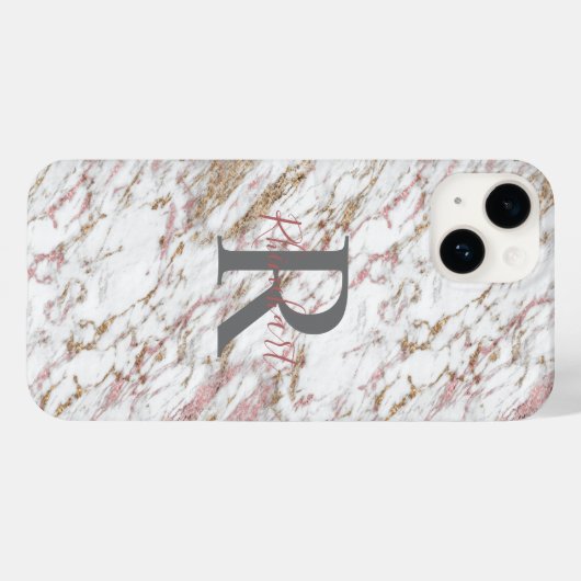 Monogram Name Initial White Gray Gold Pink Marble Case-Mate iPhone Hülle (Rückseite (Horizontal))