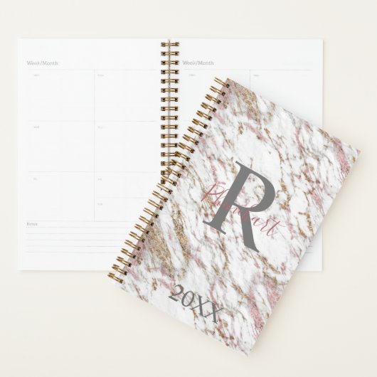 Monogram Name Initial White Gray Gold Pink Marble Planer (Anzeige)