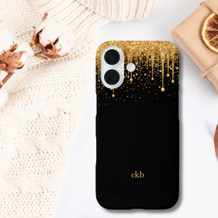 Monogram Name Initials Black Gold Drilling Glitzer iPhone 16 Hülle