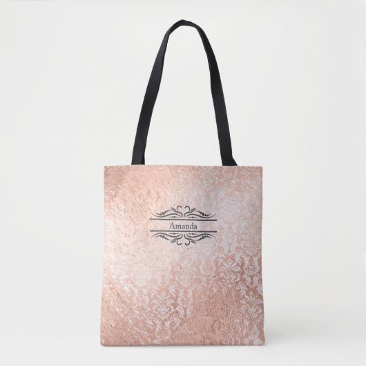 Monogram Name Initials Rose Gold Damask Bridesmaid Tasche (Vorderseite)