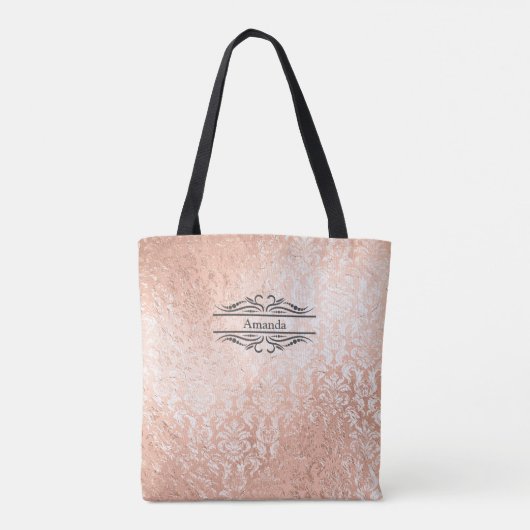 Monogram Name Initials Rose Gold Damask Bridesmaid Tasche (Rückseite)