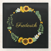 Monogram Name Initials Sunflores Floral Black Glasuntersetzer (Vorderseite)