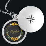 Monogram Name Initials Sunflores Floral Black Medaillon<br><div class="desc">Monogram diese schönen Sonnenblumen auf schwarzem Hintergrund locket Halskette. Großartige Geschenke für Ihre Brautmädchen und Brautparty.</div>