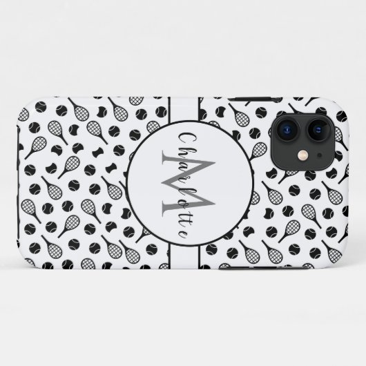 Monogram Name Initials Tennis Themed Black & White Case-Mate iPhone Hülle (Rückseite (Horizontal))