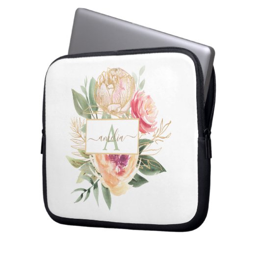 Monogram Name iPad Pro Cove für die Peony und Gold Laptopschutzhülle (Vorderseite Links)