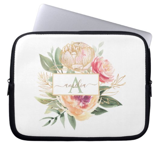 Monogram Name iPad Pro Cove für die Peony und Gold Laptopschutzhülle (Vorderseite)