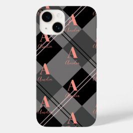 Monogram Name Kariert Grau Schwarz Pink Case-Mate iPhone 14 Hülle
