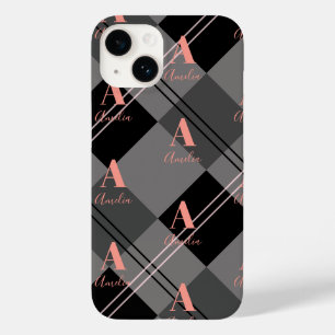 Monogram Name Kariert Grau Schwarz Pink Case-Mate iPhone 14 Hülle
