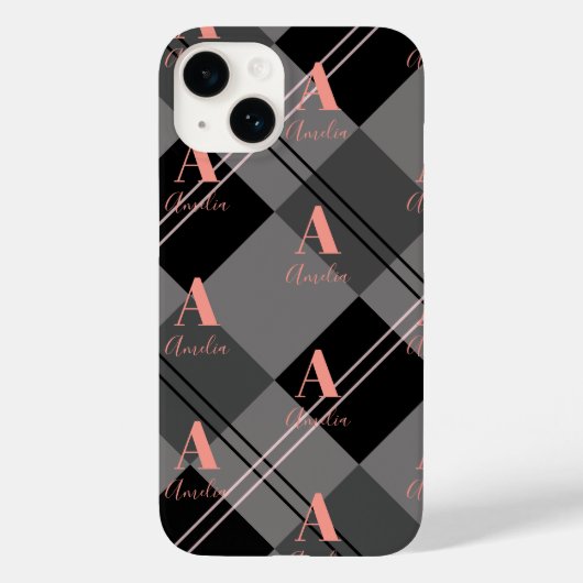 Monogram Name Kariert Grau Schwarz Pink Case-Mate iPhone Hülle (Rückseite)