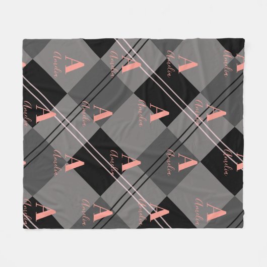 Monogram Name Kariert Grau Schwarz Pink Fleecedecke (Vorderseite (Horizontal))