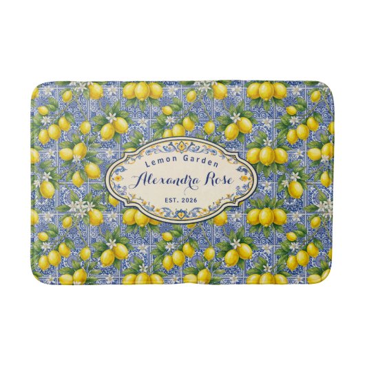 Monogram Name Lemon Blue French Country Tile  Badematte (Vorderseite)