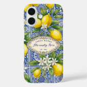 Monogram Name Lemon Blue French Country Tile  Case-Mate iPhone Hülle (Rückseite)