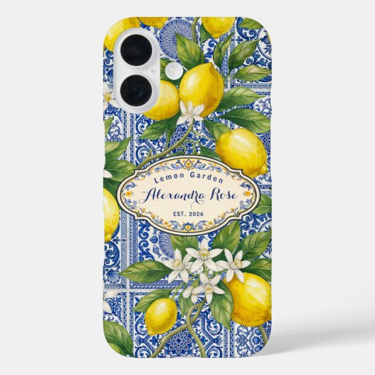 Monogram Name Lemon Blue French Country Tile  Case-Mate iPhone Hülle (Rückseite)