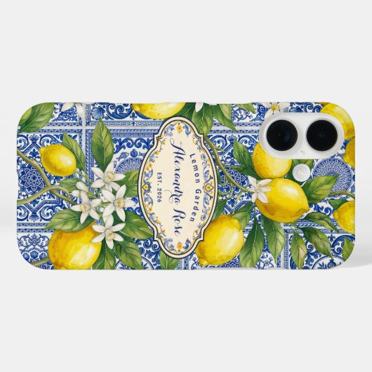 Monogram Name Lemon Blue French Country Tile  Case-Mate iPhone Hülle (Rückseite (Horizontal))