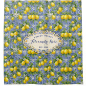 Monogram Name Lemon Blue French Country Tile  Duschvorhang (Vorderseite)