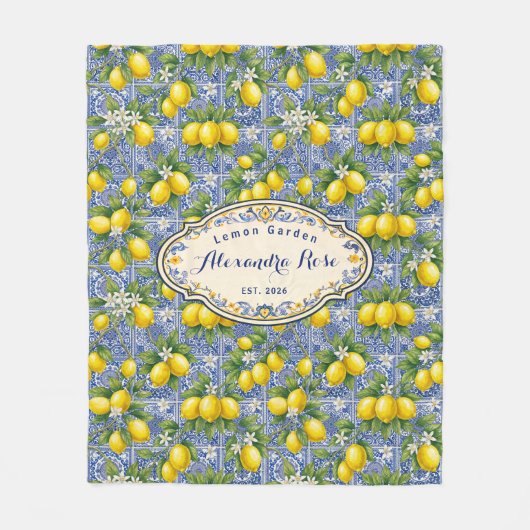 Monogram Name Lemon Blue French Country Tile  Fleecedecke (Vorderseite)