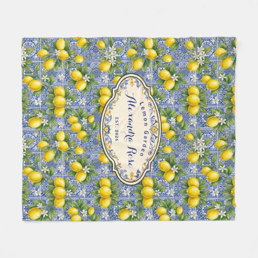 Monogram Name Lemon Blue French Country Tile  Fleecedecke (Vorderseite (Horizontal))