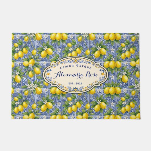 Monogram Name Lemon Blue French Country Tile  Fußmatte (Vorderseite)
