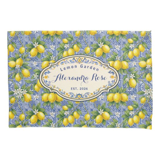 Monogram Name Lemon Blue French Country Tile  Kissenbezug (Vorderseite)