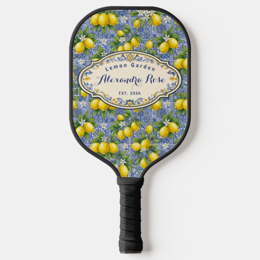 Monogram Name Lemon Blue French Country Tile Pickleball Schläger (Vorderseite)