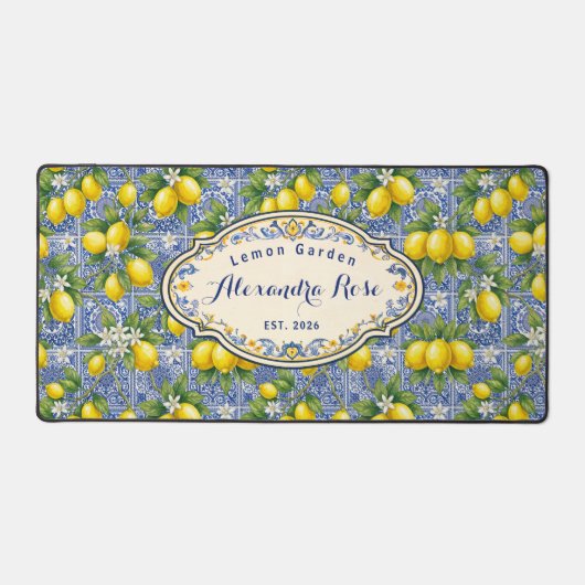 Monogram Name Lemon Blue French Country Tile  Schreibtischunterlage (Vorderseite)