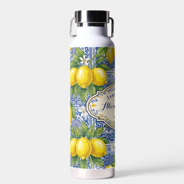 Monogram Name Lemon Blue French Country Tile  Trinkflasche