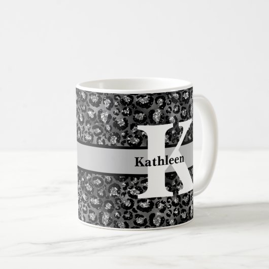 Monogram Name Leopard Print Black Silver Grau Kaffeetasse (VorderseiteRechts)