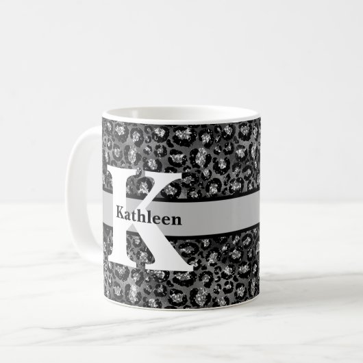 Monogram Name Leopard Print Black Silver Grau Kaffeetasse (Vorderseite Links)