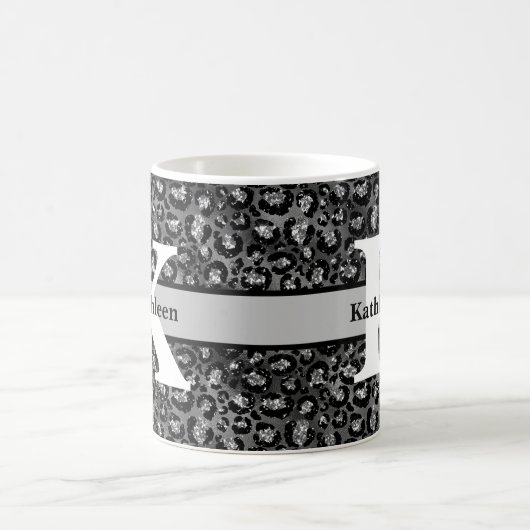 Monogram Name Leopard Print Black Silver Grau Kaffeetasse (Mittel)