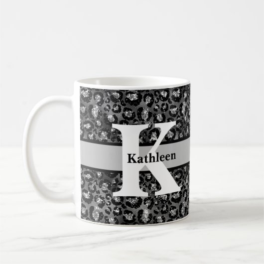 Monogram Name Leopard Print Black Silver Grau Kaffeetasse (Links)