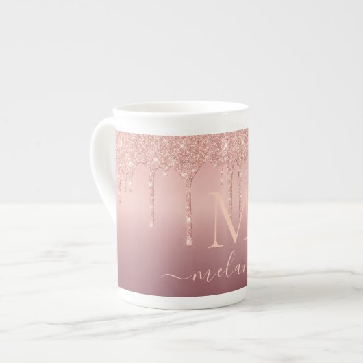 Monogram Name Letter Rose Gold Glitzer Tasse (Vorderseite Links)